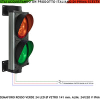 Semaforo due Luci da 24 Led Rossi e 24 Led Verdi Alta Luminosità Alimentazione 24/220 5 W Omologato Securvai Corpo in Profilato di Alluminio IP66 Diametro luce 141 mm Supporti di Fissaggio da Parete Orientabili 360°