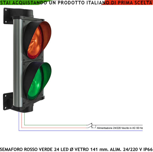 Semaforo due Luci da 24 Led Rossi e 24 Led Verdi Alta Luminosità Alimentazione 24/220 5 W Omologato Securvai Corpo in Profilato di Alluminio IP66 Diametro luce 141 mm Supporti di Fissaggio da Parete Orientabili 360°