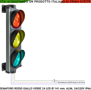 Semaforo 3 Luci da 24 Led Rossi 24 Gialli e 24 Verdi x Scheda Alim. 24/220 Vac 5 W Omologato Securvai Corpo in Profilato di Alluminio IP66 Diametro luce 141 mm Fissaggio a Parete Orientabile 360° Regola Transito Veicoli