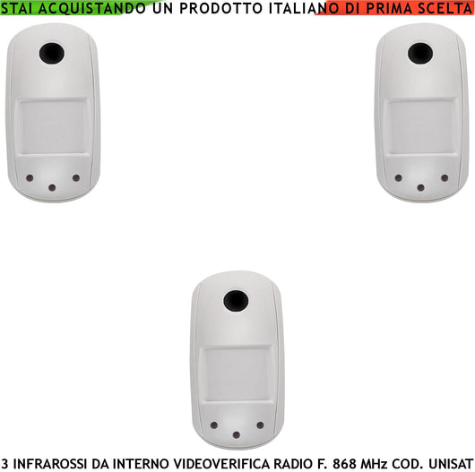 Sensore Movimento Infrarosso da Interno 3 Pezzi 12 Metri Grandangolo IP50 Fotocamera a Colori VGA 640X480 Videoverifica GPRS Visione Notturna Radio Frequenza 868 MHz Bidirezionale UNISAT Anti Jamming