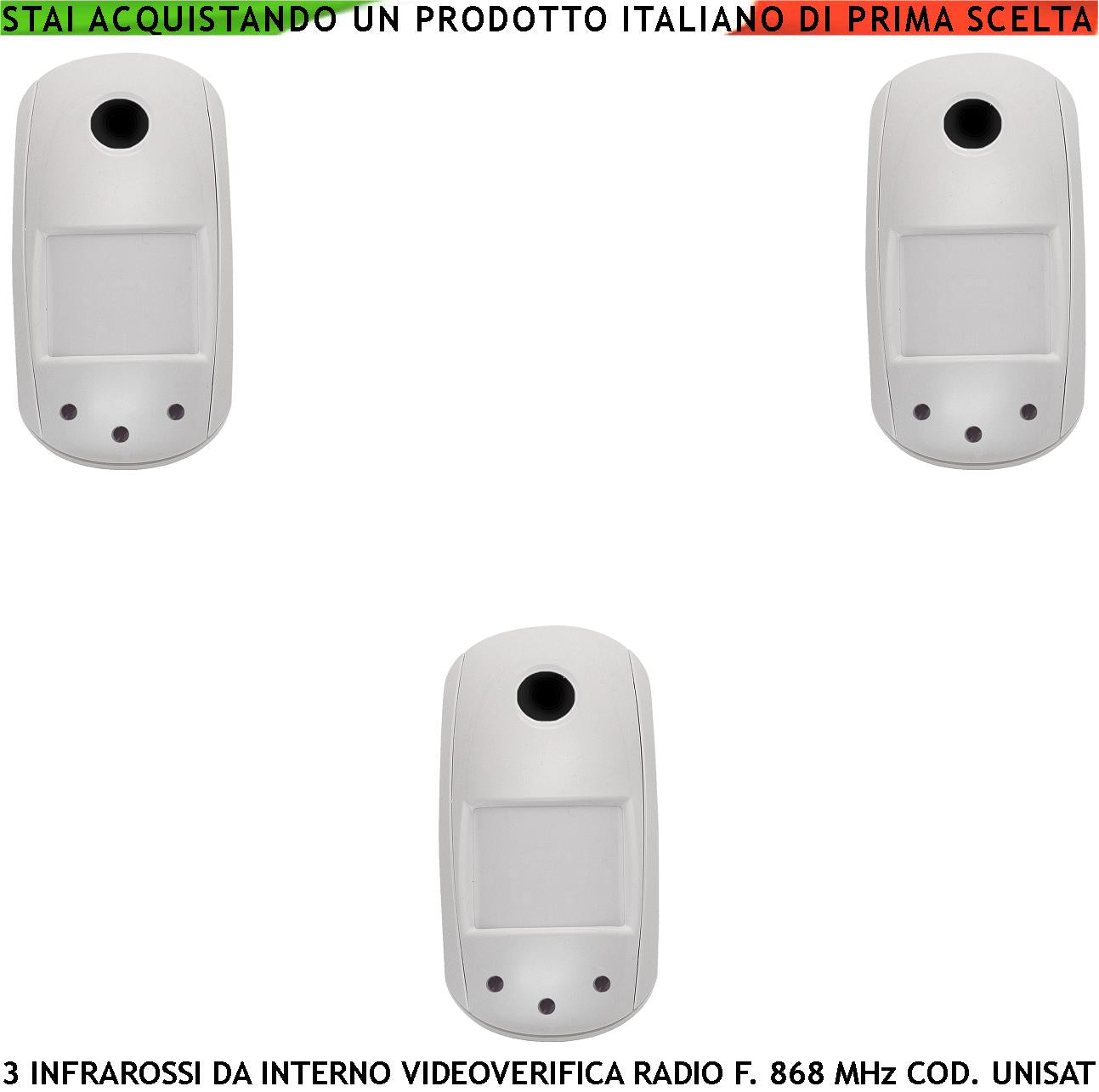 Rilevatore Movimento Infrarosso da Interno 3 Pezzi 12 Metri Grandangolo Fotocamera a Colori VGA 640X480 Videoverifica GPRS Visione Notturna Radio Frequenza 868 MHz Bidirezionale UNISAT Anti Jamming