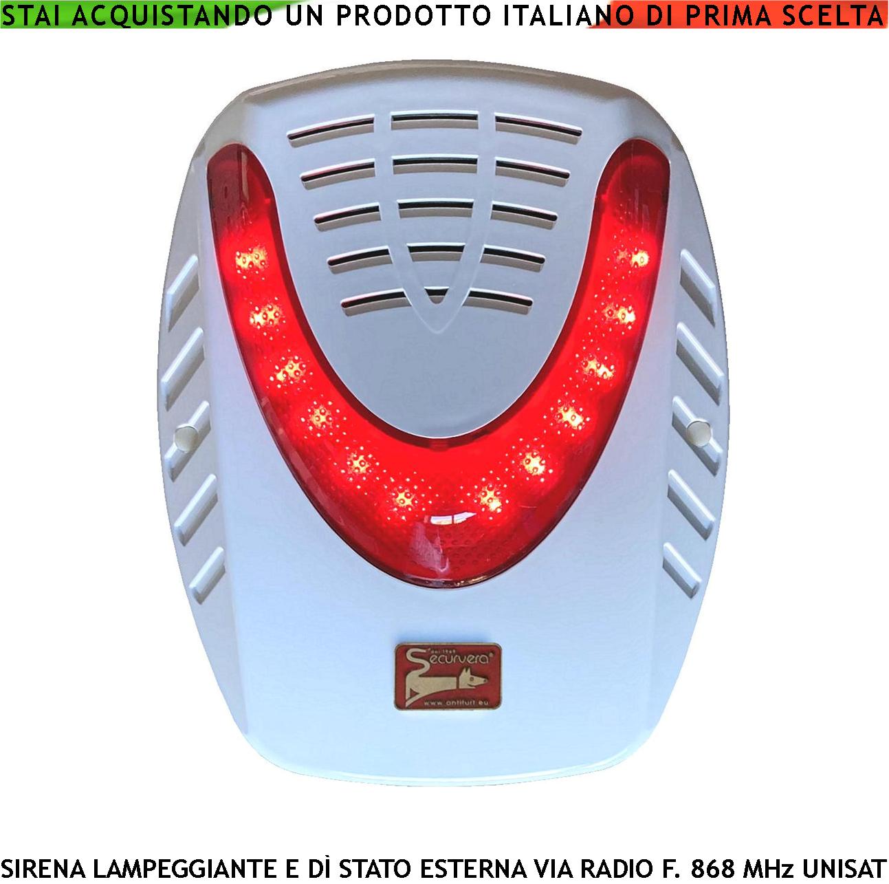 Sirena Esterna Radio Frequenza 868 MHz Bidirezionale Anticollisione Anti Jamming UNISAT2 Tromba Magnetodinamica 120 dB Lampeggiante Segnalatore Stato 12 Led Antischiuma Durata Allarme 3,5 Minuti IP34