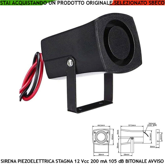 Segnalazione Allarme Sirena Piezoelettrica Stagna 12 Vcc Assorbimento 200 mA Pressione Acustica 105 dB a 1 Metro Frequenza 1500/4000 Hz Utile Allarme Moto Bici Retromarcia Furto Staffa di Fissaggio