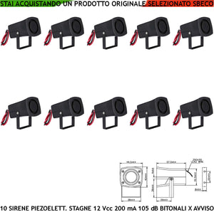 Segnalazione Anomalia Sirena Piezo Stagna 10 Pezzi 12 Vcc Assorbimento 200 mA Pressione acustica 105 dB a 1 Metro Frequenza 1500/4000 Hz Allarme Furto Auto Moto Bici Retromarcia Staffa di Fissaggio
