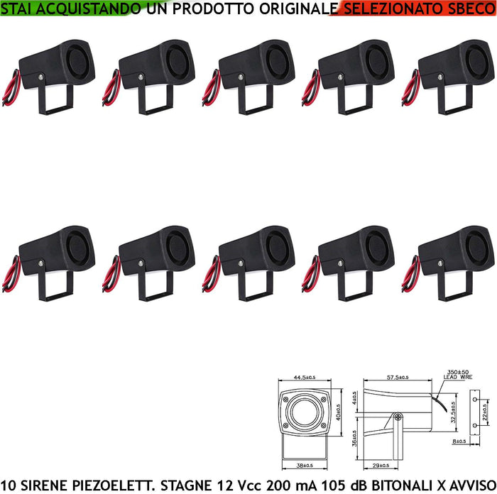 Segnalazione Anomalia Sirena Piezo Stagna 10 Pezzi 12 Vcc Assorbimento 200 mA Pressione acustica 105 dB a 1 Metro Frequenza 1500/4000 Hz Allarme Furto Auto Moto Bici Retromarcia Staffa di Fissaggio