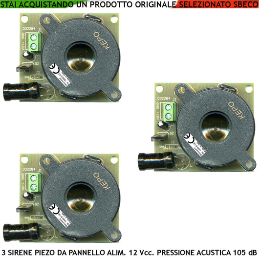 Sirena da Pannello Diffusore Piezo 3 Pezzi Acustica 105 dB Alimentazione 12 Vcc Assorbimento 80 mA 2 Morsetti Polarizzati Melodia Bitonale A/B 1500 +/- 4000 Hz Fissaggio Circuito Tramite 4 Fori IP30