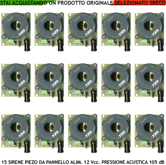 Sirena Allarme da Pannello Diffusore Piezo 15 Pezzi Acustica 105 dB Alimentazione 12 Vcc Assorbimento 80mA 2 Morsetti Polarizzati Suono Bitono A/B 1500+/-4000 Hz Fissaggio Circuito Tramite 4 Fori IP30