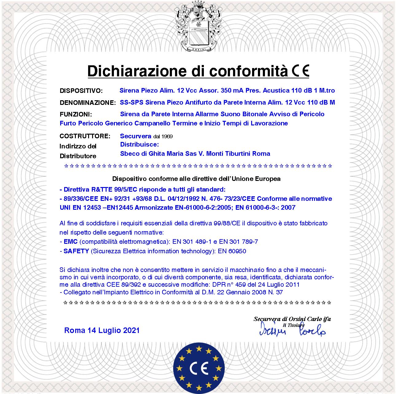 Sirena Interna Antifurto a Parete 3 Pezzi Diffusore Piezo Acustica 120 dB Morsetti Polarizzati Alimentazione 12 Vcc Assorbimento 350 mA Bitonale da 1500/4000 Hz Protezione Tamper Contenitore ABS IP32