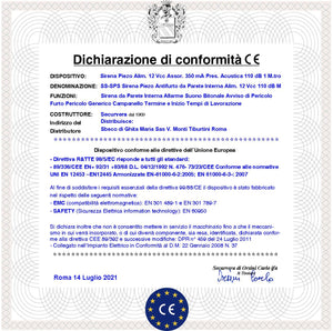 Sirena Trasduttore Piezoelettrico Per Antifurto da Interno Bitonale A/B 1500 +/- 4000 Hz 120 dB Alimentazione 12 Vcc Assorbimento 350 mA 4 Morsetti Polarizzati Protezione Tamper Contenitore ABS IP32