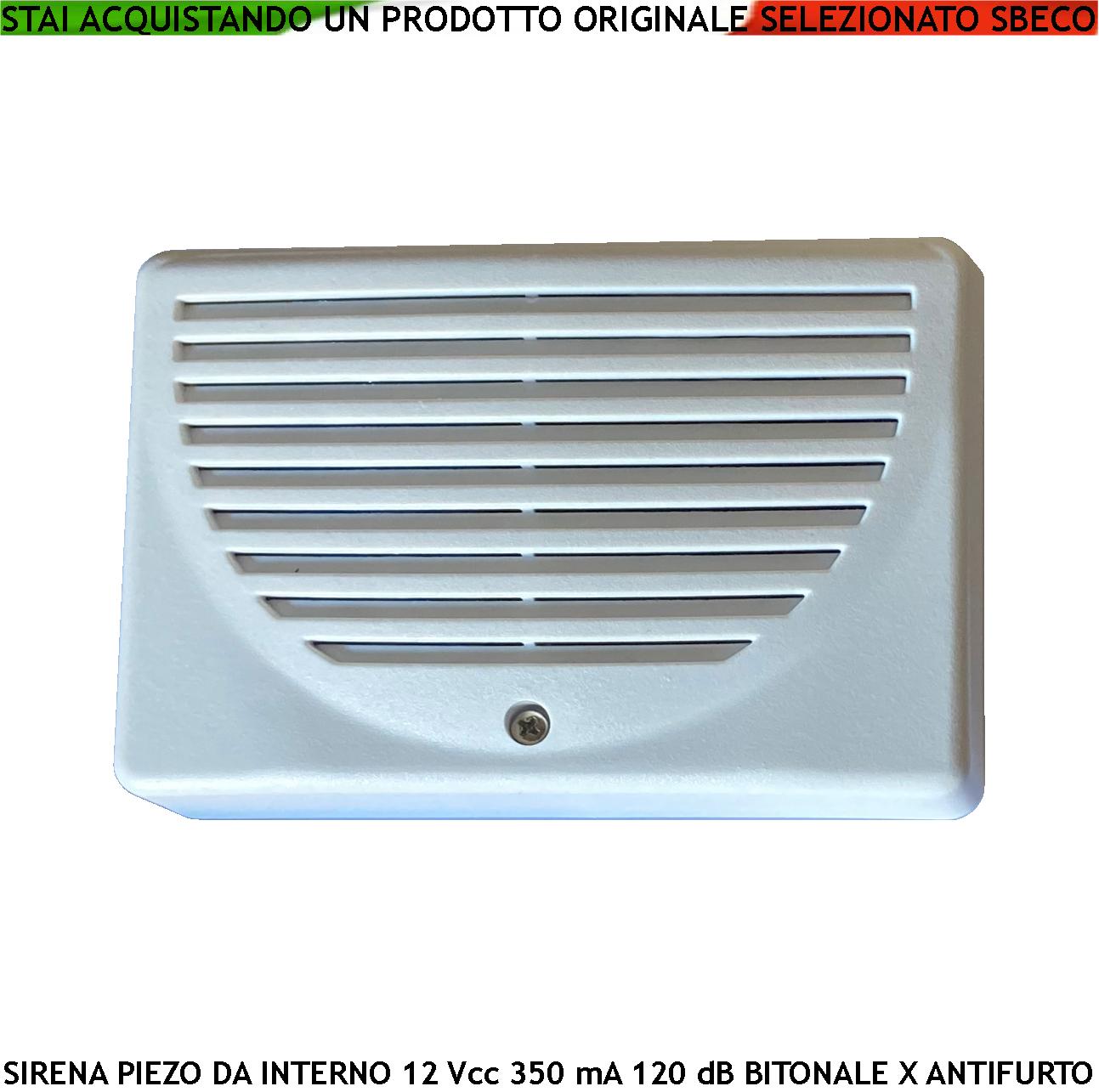 Sirena Antifurto Piezoelettrica Fissaggio a Parete da Interno Bitonale A/B 1500+/-4000 Hz 120 dB Alimentazione 12 Vcc Assorbimento 350 mA 4 Morsetti Polarizzati Protezione Tamper Contenitore ABS IP32