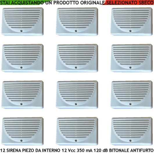 Sirena da Interno a Parete 12 Pezzi Diffusore Piezo Antifurto 120 dB 4 Morsetti Polarizzati Alimentazione 12 Vcc Assorbimento 350 mA Bitonale da 1500/4000 HzProtezione Tamper Contenitore ABS IP32