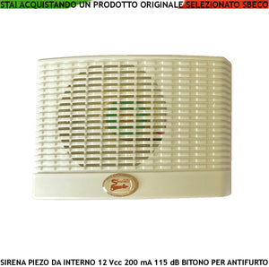 Sirena Diffusore Piezoelettrico Per Antifurto da Interno Fissaggio a Parete Melodia Bitonale A/B 1500/4000 Hz 115 dB Alimentazione 12 Vcc Assorbimento 200 mA Morsetti Polarizzati Contenitore ABS IP32