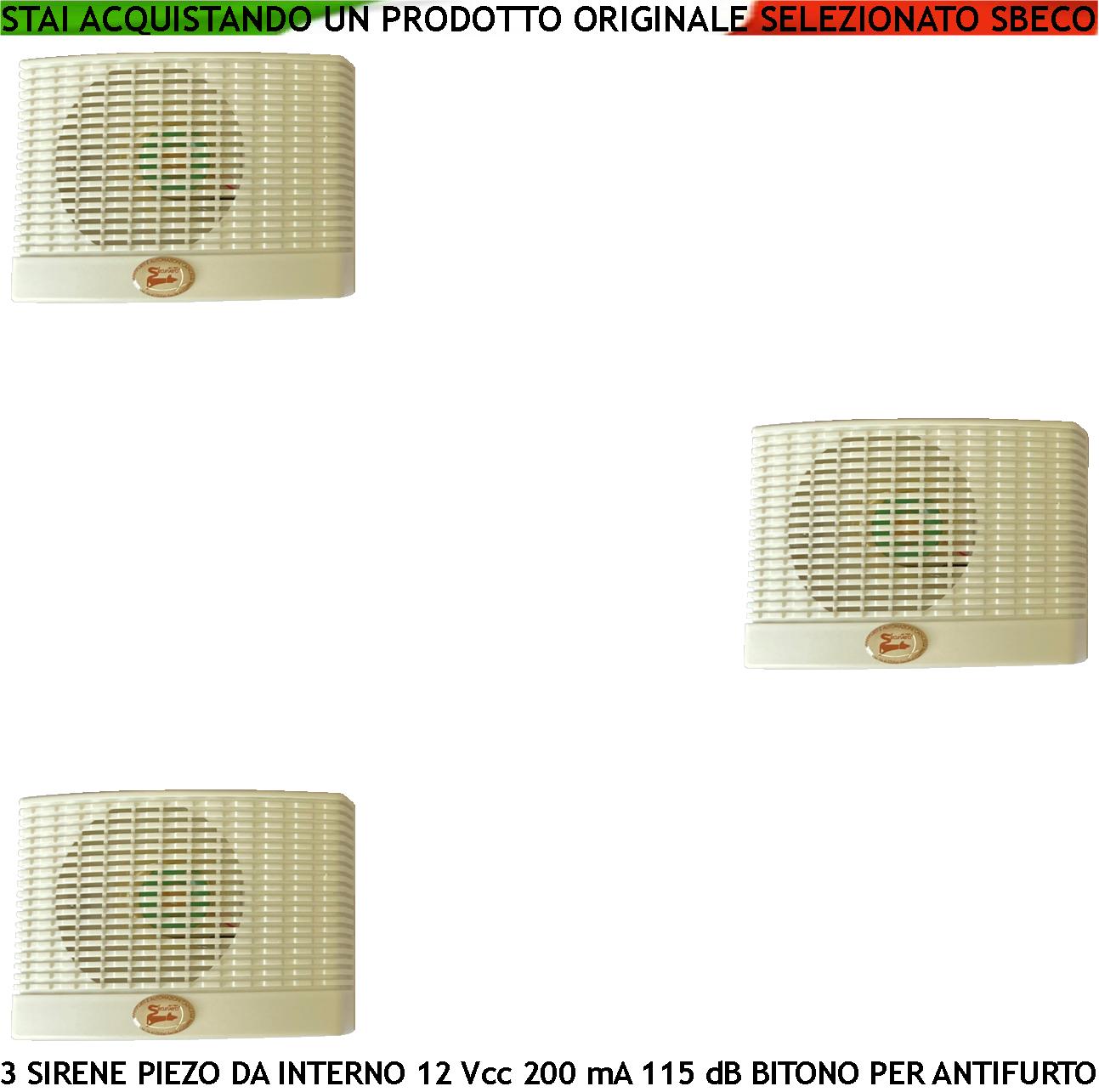 Sirena da Interno a Parete 3 Pezzi Diffusore Piezoelettrico x Antifurto 115 dB Morsetti Polarizzati Alimentazione 12 Vcc Assorbimento 200 mA Melodia Bitonale A/B 1500 +/- 4000 Hz Contenitore ABS IP32