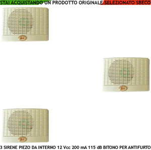 Sirena da Interno a Parete 3 Pezzi Diffusore Piezoelettrico x Antifurto 115 dB Morsetti Polarizzati Alimentazione 12 Vcc Assorbimento 200 mA Melodia Bitonale A/B 1500 +/- 4000 Hz Contenitore ABS IP32