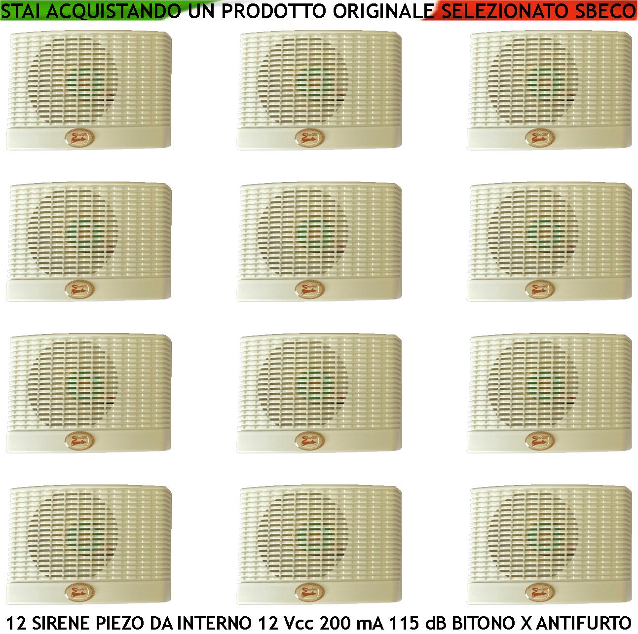 Sirena Trasduttore Piezoelettrica 12 Pezzi Per Antifurto Fissaggio a Parete Melodia Bitonale da 1500 a 4000 Hz 115 dB Alimentazione 12 Vcc Assorbimento 200 mA Morsetti Polarizzati Contenitore ABS IP32