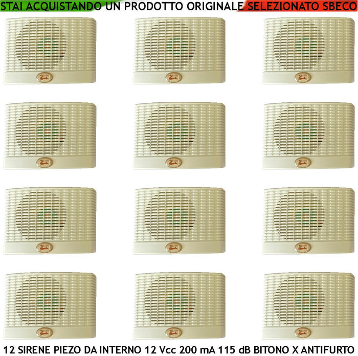 Sirena Allarme da Parete Interna 12 Pezzi Diffusore Piezoelettrico Acustica 115 dB Morsetti Polarizzati Alimentazione 12 Vcc Assorbimento 200 mA Melodia Bitono A/B 1500/4000 Hz Contenitore ABS IP32