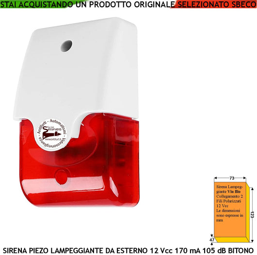 Sirena Allarme Lampeggiante con Diffusore Piezoelettrico Da Parete Melodia Bitono A/B Da 1500 a 4000 Hz 105 dB Alimentazione 12 Vcc Assorbimento 170 mA Fili Polarizzati Contenitore ABS Da Esterno IP44