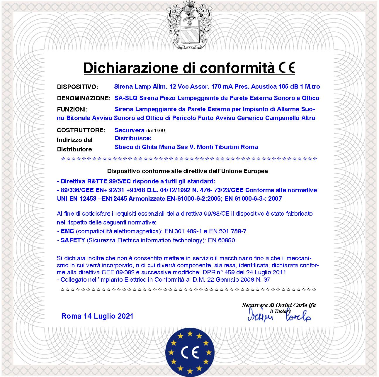 Sirena Lampeggiante con Trasduttore Piezoelettrico 15 Pezzi Melodia Bitonale da 1500/4000 Hz 105 dB Alimentazione 12 Vcc Assorbimento 170 mA 2 Fili Polarizzati   Contenitore ABS Interno Esterno IP44