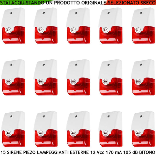 Sirena Trasduttore Piezoelettrico Lampeggiante Allarme 15 Pezzi Melodia Bitono da 1500/4000 Hz 105 dB Alimentazione 12 Vcc Assorbimento 170 mA 2 Fili Polarizzati   Contenitore ABS Interno Esterno IP44