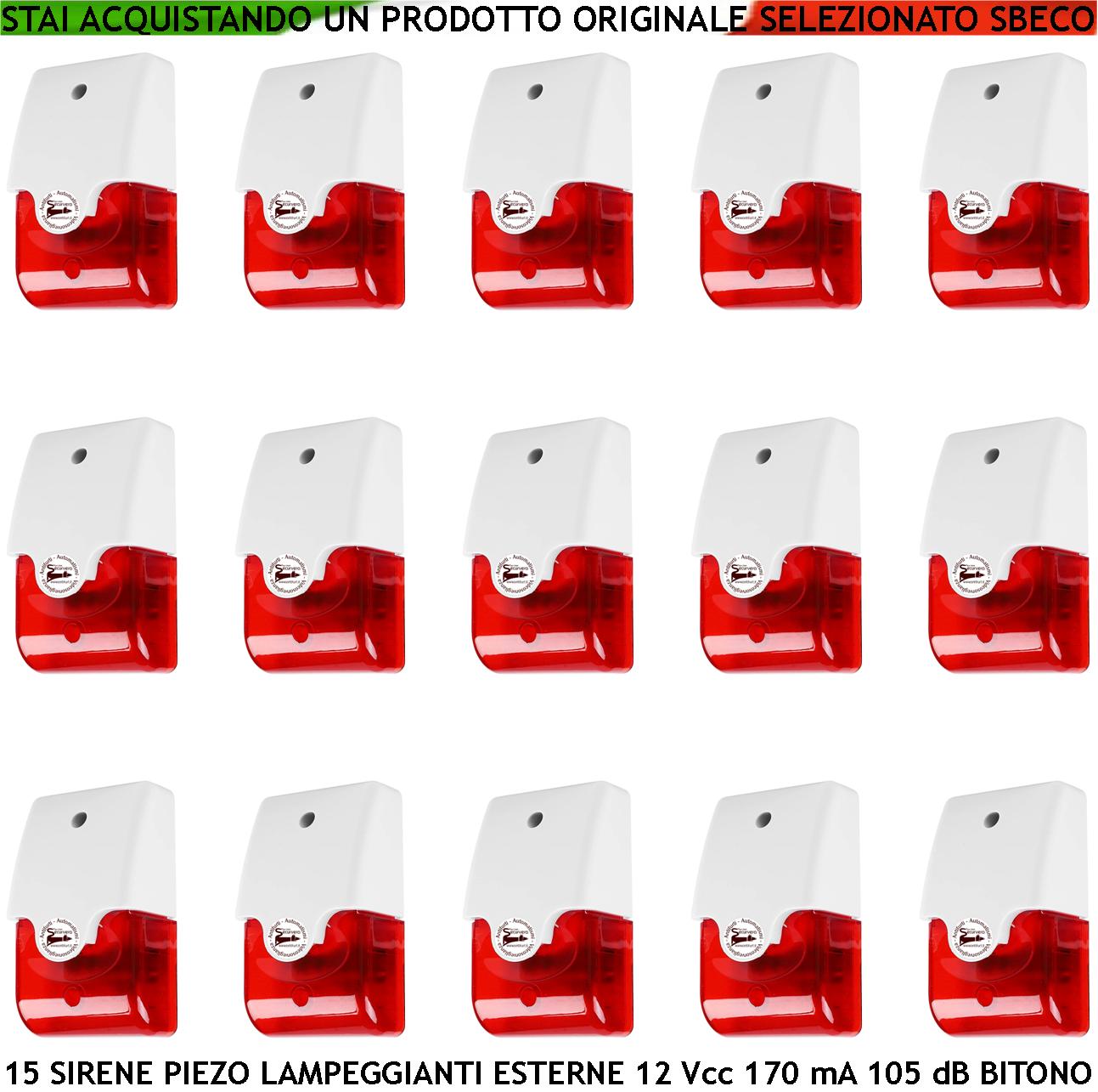 Sirena Allarme Lampeggiante 15 Pezzi con Diffusore Piezoelettrico Melodia Bitono da 1500 a 4000 Hz 105 dB Alimentazione 12 Vcc Assorbime 170 mA 2 Fili Polarizzati Contenitore ABS Interno Esterno IP44