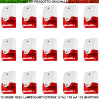 Sirena Allarme Lampeggiante 15 Pezzi con Diffusore Piezoelettrico Melodia Bitono da 1500 a 4000 Hz 105 dB Alimentazione 12 Vcc Assorbime 170 mA 2 Fili Polarizzati Contenitore ABS Interno Esterno IP44