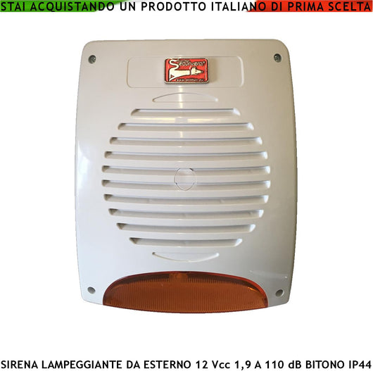 Sirena Lampeggiante da Esterno Per Impianto Antifurto Bitono Frequenza A/B 1724/2475 Hz 110 dB Alimentazione 12 Vcc Assorbimento 1,9 Ah Comando di Allarme Caduta Polarita Led Stato  Batteria Esclusa