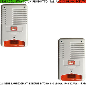 Sirena Antifurto Con Lampeggiatore a Led da Esterno 2 Pezzi Suono Bitono Frequenza 1724 +/- 2475 Hz 110 dB Aliment. 12 Vcc Assorbimento 1,5 Ah Vano Batteria Esclusa 12 V 2 Ah Comando Caduta +/- Tamper