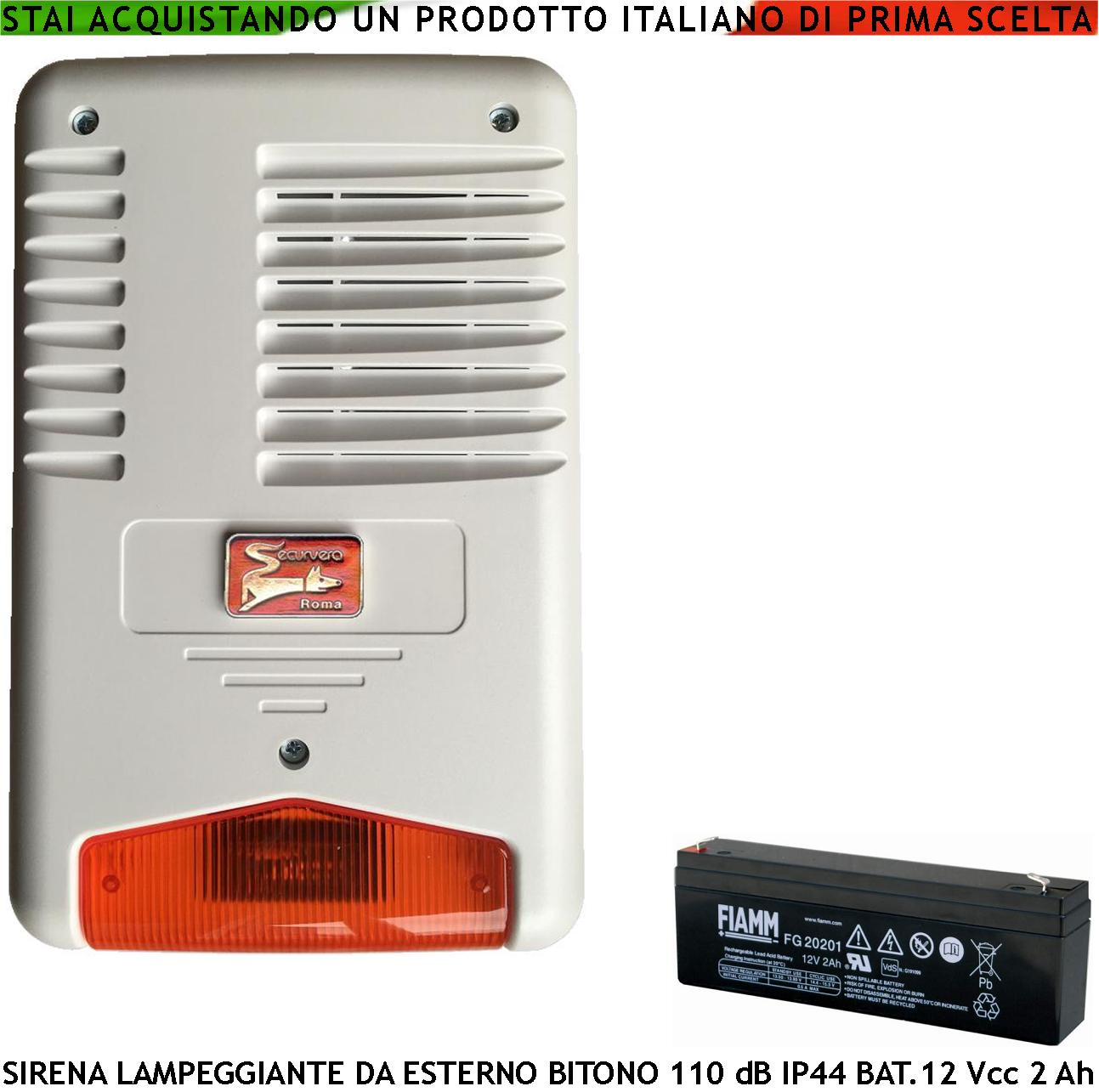Sirena Con Lampeggiante a Led Esterna Bitonale Frequenza 1724 ± 2475 Hz 110 dB Assorbimento 1,5 Ah Tromba 15 W Batteria 12 V 2 Ah Selezionata Comando Allarme Caduta +/- Led Segnale di Stato Impianto