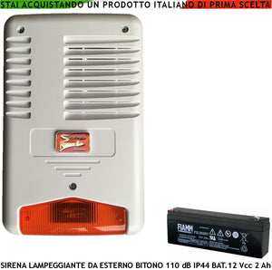 Sirena Con Lampeggiante a Led Esterna Bitonale Frequenza 1724 ± 2475 Hz 110 dB Assorbimento 1,5 Ah Tromba 15 W Batteria 12 V 2 Ah Selezionata Comando Allarme Caduta +/- Led Segnale di Stato Impianto