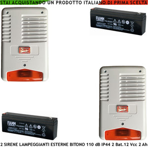 Sirena Antifurto Con Lampeggiatore a Led da Esterno 12 Vcc 2 Pezzi Suono Bitonale Frequenza A/B 1724 ± 2475 Hz 110 dB Ah 2 Batteria 12V 2 Ah Comando di Allarme Caduta +/- Led Stato Impianto Tamper