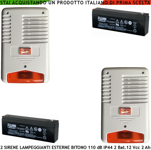Sirena di Allarme da Esterno 12 Vcc 2 Pezzi Con Lampeggiatore a Led Suono Bitono 110 dB Frequenza A/B 1724/2475 Hz Allarme Caduta +/- Segnale Stato Impianto Antifurto 2 Batteria Selezionate 12 V 2 Ah