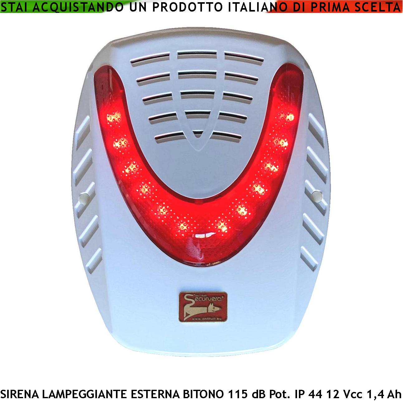 Sirena Lampeggiante a Led Da Esterno Per Antifurto Bitono Frequenza A/B 1724 ± 2475 Hz 115 dB Alimentazione 12 Vcc Assorbimento 1,4 Ah Batteria Esclusa Comando Allarme Caduta Polarità 2 Segnali Stato