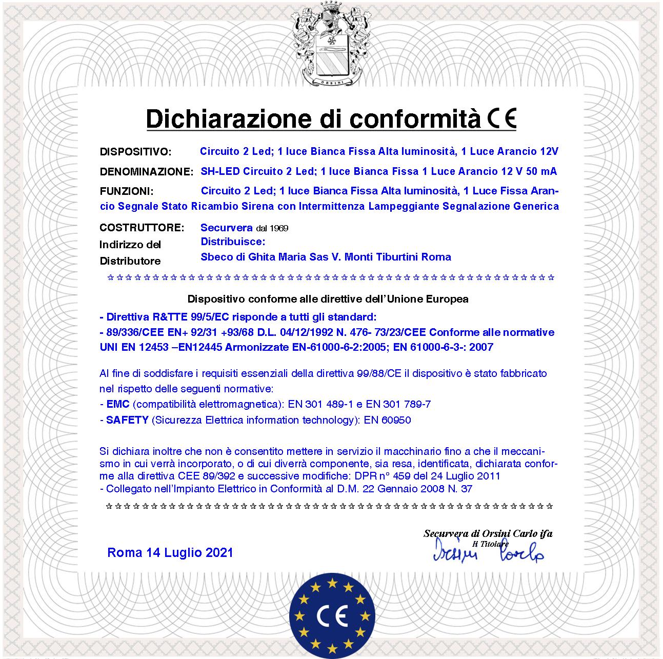 Gruppo di 2 Led luce Bianca Fissa Alta luminosità Luce Arancio Ricambio Sirene Starna con Intermittenza Segnalazione stato Impianto Sostituire Lampadina su Lampeggiatore Alimentazione 12 Vcc max 50 mA
