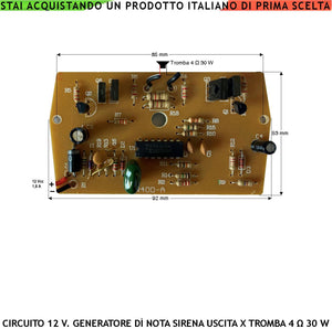 Generatore Melodia Sonora Ricambio Sirena Elettronica Allarme Frequenza A/B 1500/4000 Hz Uscita per Tromba Magnetodinamica da 4 Ω 10/30 W Alimentazione 12 Vcc Assorbimento Max 1 A Senza Contenitore