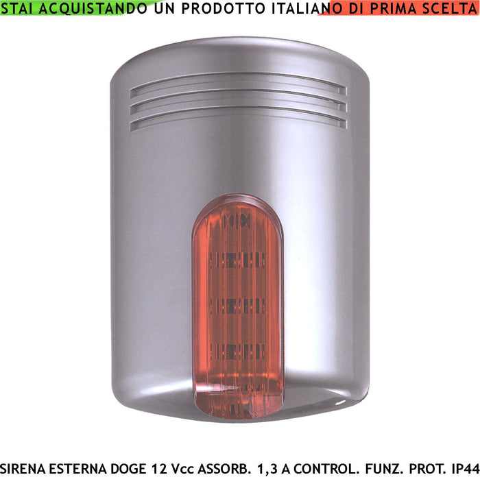 Sirena Elettronica Doge Allarme Melodia 4 Selezioni Frequenza 900 ÷ 1625 Hz Tromba Magnetodin. Alimentazione 12 Vcc Assorbimento 1,3 A IMQ EN50131-4:2009 Grado 3 Contenitore ABS Sottocoperchio Acciaio