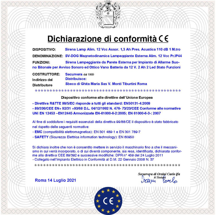 Sirena Doge Venitem Antifurto Melodia 4 Selezioni Frequenza 900 ÷ 1625 Hz Tromba Magnetodin. Alimentazione 12 Vcc Assorbimento 1,3 A IMQ EN50131-4:2009 Grado 3 Contenitore ABS Sottocoperchio Acciaio