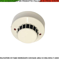 Sensore Ottico di Fumo AREA54 Indirizzato Con Base Codice Tramite 10 Dipswitch Collegamento Loop 2 Led Rossi Segnalano Stato Impianto Uscita OC 100 mA per Segnalatore Ottico Remoto Rilevatore Fumo per Centrali Serie AREA54 SIRA