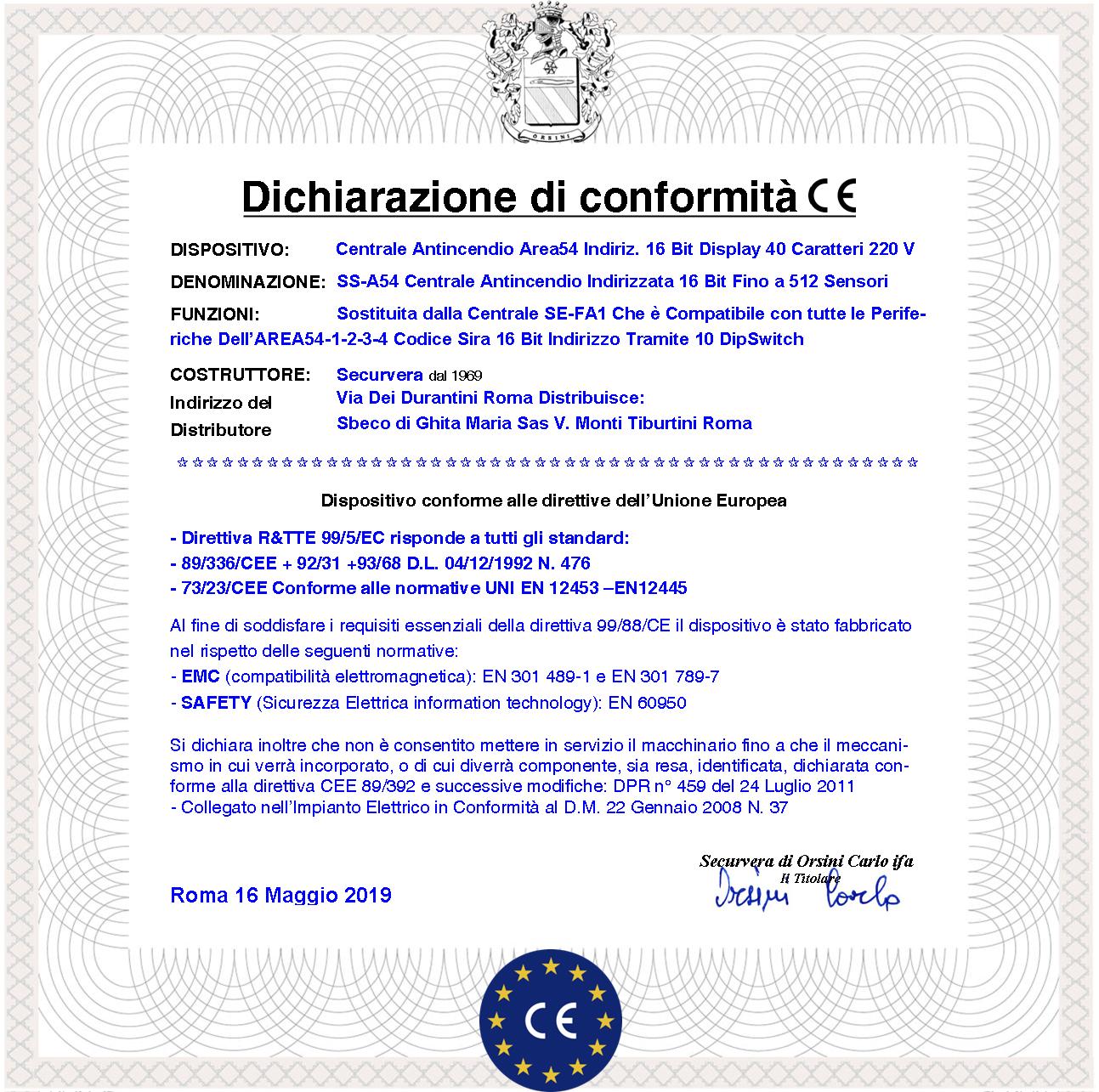 AREA54 SIRA Centrale Antincendio Rotta Sostituire con la Centrale Serie FAP SS-FA1 che Riconosce gli Indirizzi delle Periferiche Rilevatori di Fumo Altri Installati Memorizza Gestisce le Stesse Funzioni Dimensioni L490XH350XP145 mm