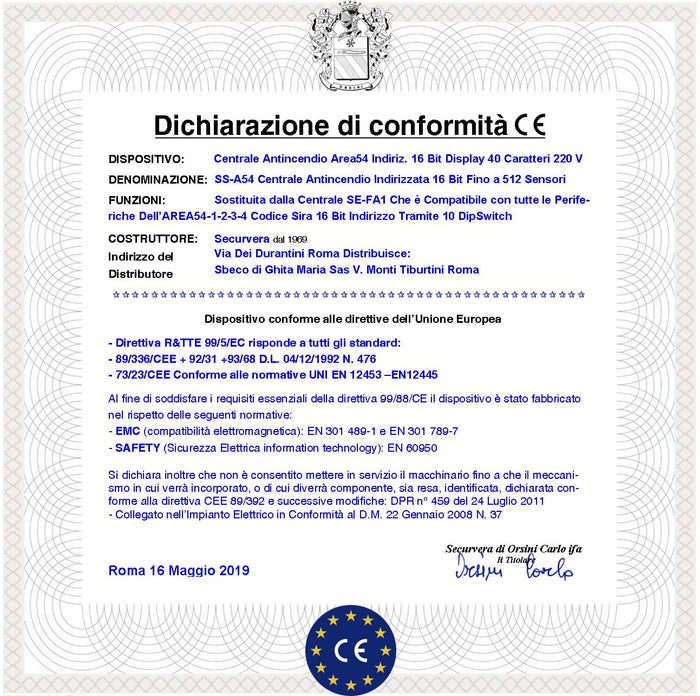 Centrale Antincendio AREA54 SIRA Scambiare con la Centrale Serie FAP SS-FA1 che Riconosce gli Indirizzi delle Periferiche Rilevatori di Fumo Altri Installati Memorizza Gestisce le Stesse Funzioni Dimensioni L490XH350XP145 mm