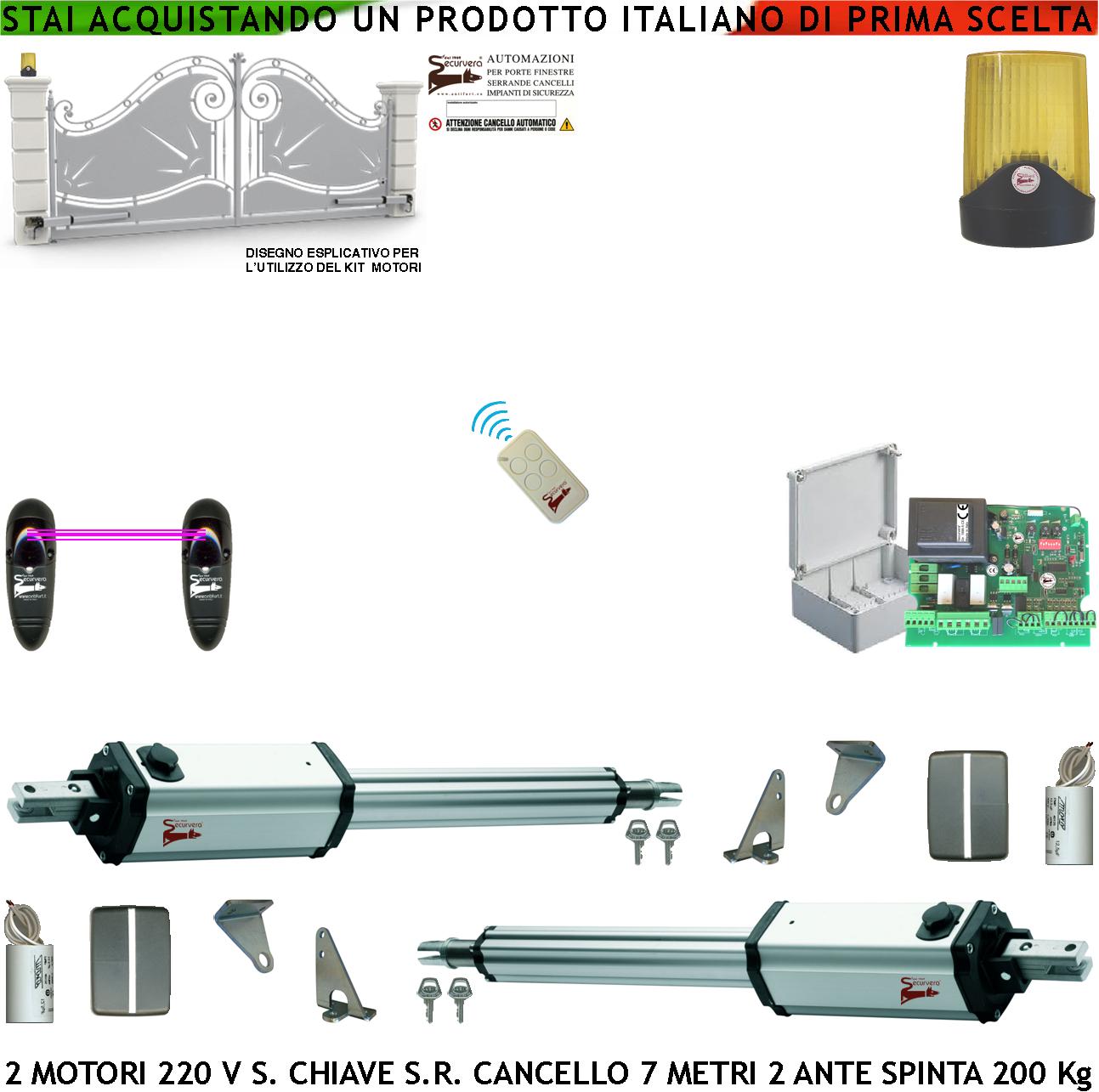 Cancello Elettrico da 7 Metri Kit Ricambio per Automatismo 2 Ante da 3,5 MT 2 Motori Elettromeccanici 230 V Stelo Retrattile Autobloccante Corsa 600mm Spinta 250 Kg Centrale di Comando Incorpora Radio