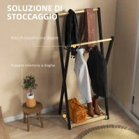 Appendiabiti da Terra in Legno con 2 Barre e Ripiano Inferiore Design Moderno, 61x45x152cm