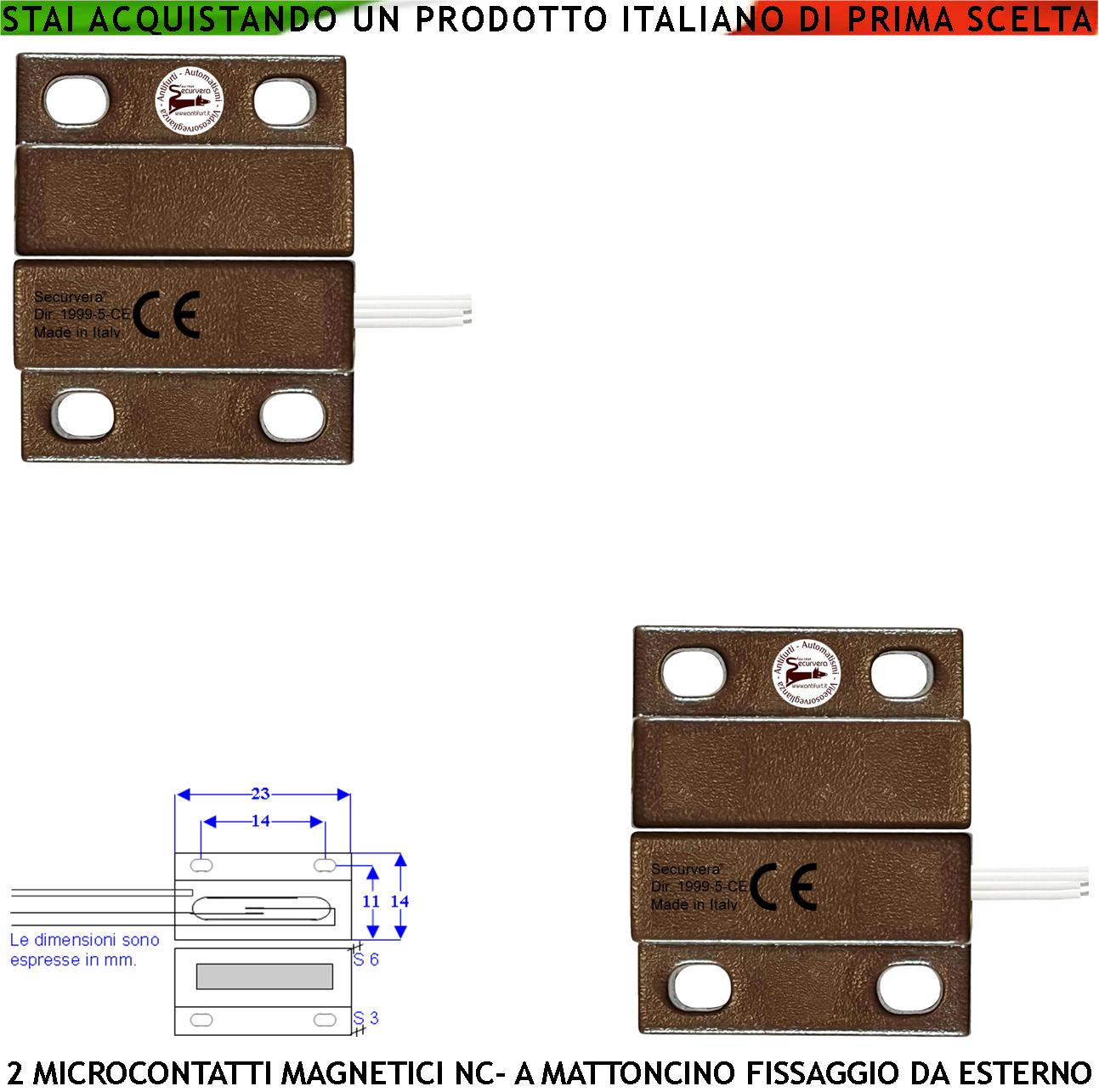 Sensore Magnetico Marrone Antifurto Per Infissi Mini Contatto Reed NC 2 Pezzi in Ampolla Sottovuoto Sensibilità Magnetica 10 mm Tensione Max 100 V Corrente 1 A Fori di Fissaggio IP65 4 Fili Tamper