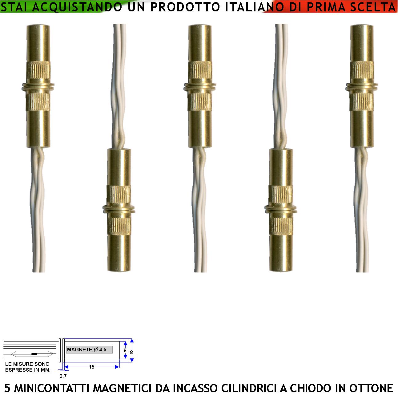 Contatto Magnetico Piccolo in Ottone da Incasso Antifurto Finestre Infissi 5 Pezzi Reed NC Sottovuoto Sensibilità Magnetica 10 mm Tensione Max 100 V Carico Resistivo 1 A IP65 4 Fili 2 NC e 2 Tamper