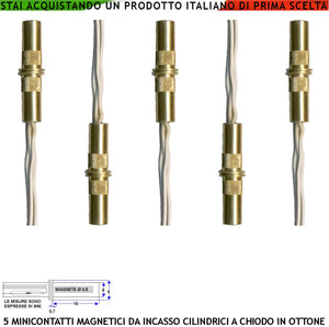 Contatto Magnetico Piccolo in Ottone da Incasso Antifurto Finestre Infissi 5 Pezzi Reed NC Sottovuoto Sensibilità Magnetica 10 mm Tensione Max 100 V Carico Resistivo 1 A IP65 4 Fili 2 NC e 2 Tamper