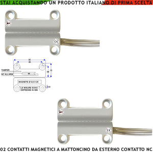 Contatto Magnetico da Esterno 2 Pezzi per Antifurto Finestre Infissi Contatto Reed NC Ampolla Sottovuoto Sensibilità Magnetica 13 mm Tensione Max 100 V Carico Resistivo 1 A IP65 4 Fili 2 NC 2 Tamper