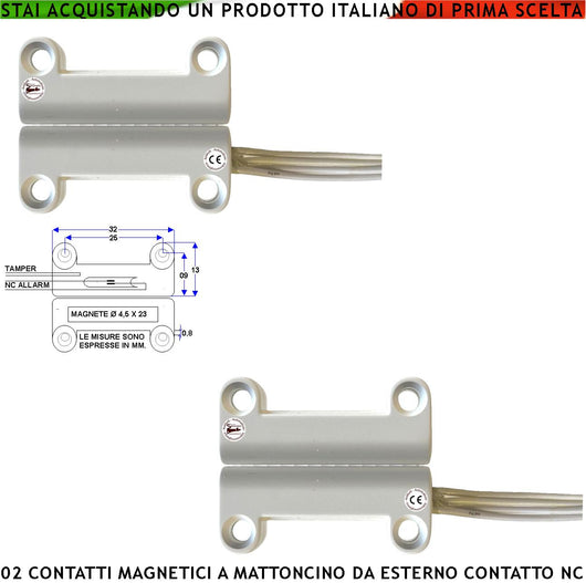 Contatto Magnetico a Mattoncino da Esterno 2 Pezzi Per Allarme Porte Infissi Sensore Reed NC Ampolla Sottovuoto Campo Magnetico 13 mm Tensione Max 30 V Carico Resistivo 1 A IP65 4 Fili 2 NC 2 Tamper