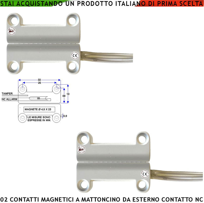 Sensore Magnetico da Esterno 2 Pezzi Per Antifurto Finestre Infissi Contatto Reed NC Ampolla Sottovuoto Sensibilità Magnetica 13 mm Tensione Max 30 V Carico Resistivo 1 A IP65 4 Fili 2 NC e 2 Tamper