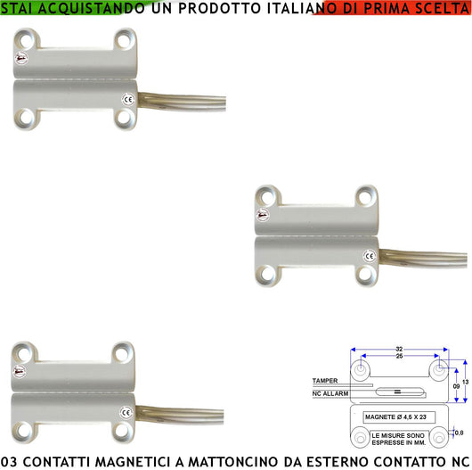 Contatto Magnetico da Esterno 3 Pezzi per Antifurto Finestre Infissi Contatto Reed NC Ampolla Sottovuoto Sensibilità Magnetica 13 mm Tensione Max 30 V Carico Resistivo 1 A IP65 4 Fili 2 NC e 2 Tamper