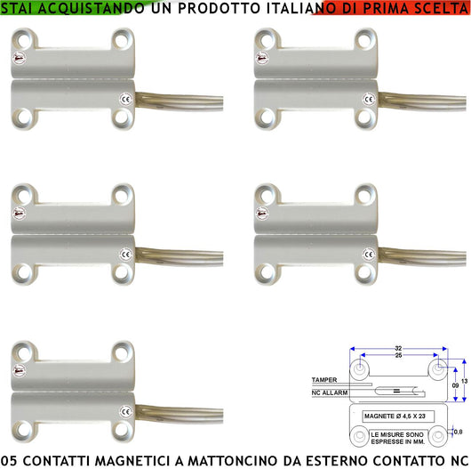 Contatto Magnetico ABS da Esterno 5 Pezzi per Allarme Finestre Porte Contatto Reed NC Sottovuoto Sensibilità Magnetica 13 mm Tensione Max 100 V 1 Ah Carico Resistivo Prot. IP65 4 Fili 2 NC e 2 Tamper