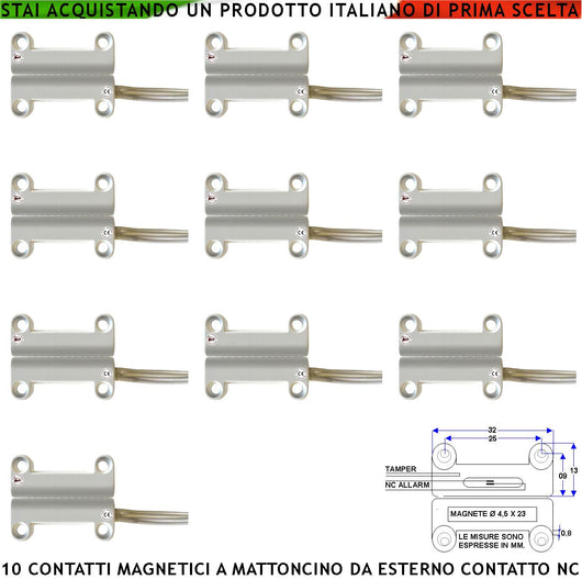 Contatto Magnetico da Esterno 10 Pezzi Per Antifurto Finestre Infissi Contatto Reed NC Ampolla Sottovuoto Sensibilità Magnetica 13 mm Tensione Max 30V Carico Resistivo 1 A IP65 4 Fili 2 NC e 2 Tamper